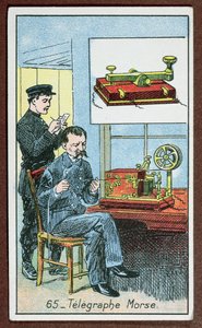 Vynález telegrafie s Morseovou abecedou, číslo 65 v sérii karet zobrazujících velké vynálezy, kolem roku 1910 od French School