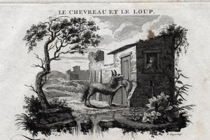 Dítě a vlk. Pohádka o Esope. (Řecký spisovatel Esopo nebo Ecopus, 6. století př. n. l.) Napsal Guillaume Montfort a Gravees Beauble v roce 1801. od French School