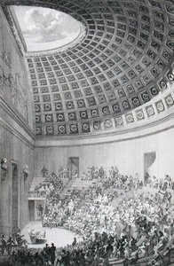 Přednáškový sál podle vzoru římského Pantheonu z knihy "Popis chirurgické školy v Paříži", vydané v roce 1780 (rytina). od French School