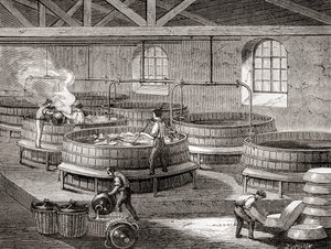 Výroba mýdla ve velkých nádržích v 19. století, z knihy "Les Merveilles de la Science", vydané kolem roku 1870 (rytina). od French School