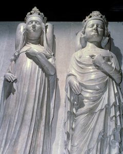 Mramorová ložiska královny Johanky z Evreux (1307-1371) a krále Karla IV. Le Bel (1294-1328). Je to stejný model jako Maubuisson, vyrobený na objednávku královny Jeanem de Liege (známý kolem 1357-1381). Bazilika Saint Denis, královská nekropole. od French School