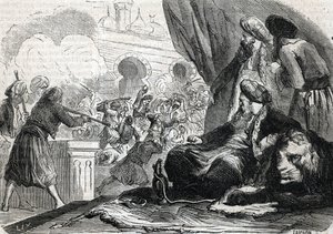 „Masakr armády janičářů v roce 1826 sultánem Mahmúdem II., Konstantinopol“ (rytina) 1864 od French School