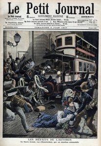 Chyby autobusu: fiakr rozdrcený autobusem v pařížské ulici Amsterdamu “Le Petit journal”, červen 1907 (rytina) od French School