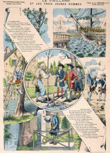 Starý muž a tři mladí muži - Fables de La Fontaine v obrazech Epinal od French School