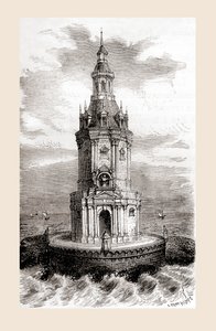 Původní maják Cordouan ze 17. století, poblíž ústí ústí Gironde ve Francii, z „Les Merveilles de la Science“, publikovaný kolem roku 1870 (rytina) od French School
