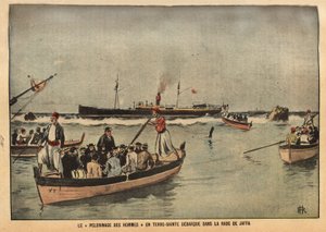 Pouť mužů ve Svaté zemi v Jaffě (Izrael). Rytina v "Le pelerin" 8/09/1901. Sbírka Selva. od French School