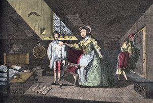 Zbožný krejčí přistižen při cizoložství. Rytina zelí z roku 1768 v „“ Lire Et Galanterie““. Týdenní sbírka Galantes Images na směr John Grand-Carteret. 1903-1904. od French School