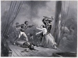Pirát Morgan unese krásnou Španělku - v knize "Obecné dějiny námořnictva" od bratrů E a V Penaudových od French School