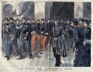 Stávkují pošťáci: vojáci a obecní strážci pověřeni distribucí dopisů v Paříži. Rytina z roku 1899 v „“La petite Gironde““ od French School