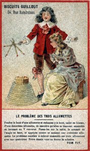 Problém tří zápasů: dětská karta nabízející hru ve formě hádanky (hádání). Chromolitografie 19. století. od French School