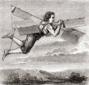 Údajný let francouzského zámečníka Jacoba Besniera s pomocí vlastnoručně zkonstruovaného létajícího přístroje v roce 1678, z knihy "Les Merveilles de la Science", vydané kolem roku 1870 (litografie). od French School