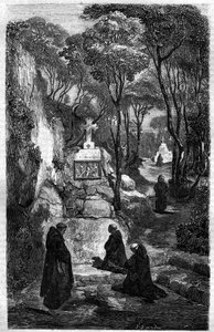 Řeholníci svatého Benoita (Saint Benoit) v modlitbě. Rytina v „Historie papežů-králů-královen a císařů v průběhu staletí““ od Maurice Lachatre od French School