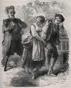 Návrat Martina Guerra (kolem roku 1524 kolem roku 1560): předstoupil před svou ženou Bertrande de Rols a před tou, která si uzurpovala jeho identitu, podvodníkem Arnaudem du Tilh (Thil). Rytina z roku 1871 v „Histoire Des Cocus Celebres““ od Henryho de Koc od French School