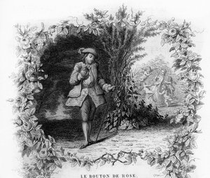 Růžové tlačítko. Osamělý a romantický mladý muž v zahradě, na jejímž dně je mladá žena obklopena amorem. Rytina do „“ Chants et chansons populaire de la France“, Tome 2 od French School