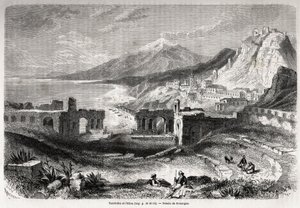 Ruiny starověkého divadla Taormina (Tauromenium), na úpatí hory Taurus, s výhledem na moderní vesnici Giardini a Etnu, kresba Adolphe Rouargue (1810-187?) a Emile Rouargue (asi 1795-1865) pro ilustraci Felixe Bourquelotova hodina od French School
