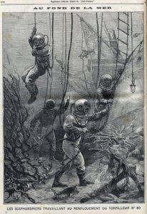 Scaphandleri pracující na záchraně torpéda 83, které se potopilo v zálivu Douarnenez ve Finistere v Bretani, v „Le Petit Parisien““ od French School