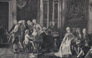 Sedmiletý Wolfgang Amadeus Mozart hrající před králem Jiřím III. v Londýně, 1764 od French School