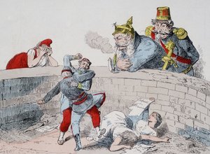 Situace - Gauillaume: Musíme pomáhat šíleným lidem, Badingue (Napoleon III): Nechte je udělat můj bratr, bude čas zasáhnout, až se (Pařížané) pohltí. Karikatura o Komuně. od French School