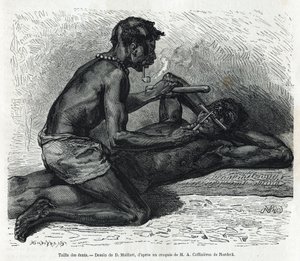 Velikost zubů v Okandě, kresba D. Maillarda, pro ilustraci příběhu o cestě do Gabonu a řeky Ogoue v letech 1875-1877 od Alfreda Marche. Rytina v Le tour du monde od French School
