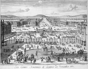 Stáje a brány Versailles při pohledu z paláce, 1683 od French School