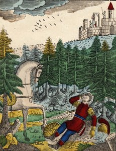 Příběh čtyř synů Aymon; Bayard, který zaslechl hluk vojáků, které měl Ripas s sebou, aby Richarda oběsil, probudí Regnaulta úderem na jeho štít, obraz páteře z 19. století. od French School