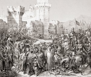Vzdání se Akkonu Filipu II. Francouzskému, zvanému Philip Augustus, během třetí křížové výpravy, z L