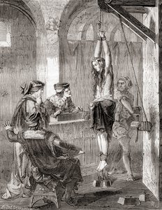 Mučení ženy obviněné z čarodějnictví ve středověku, z Les Merveilles de la Science, publikované kolem roku 1870 (litho) od French School