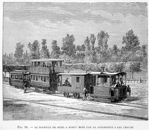 Tramvaj z Rueil do Marly, vedená horkovodní lokomotivou - v „Nových výdobytcích vědy“ od Louise Figuiera od French School