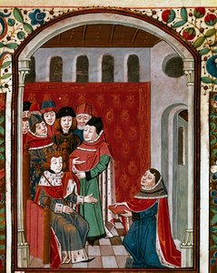 Překladatel John de Meung (neboli Clopinel či Chopinel) (1240-1305) daruje své dílo králi Filipu IV. krásnému (1268-1314). Miniatura převzatá z „“De Consolatione Philosophiae““ od latinského filozofa Boece (Boetius) (475–520), přeložil Jean d. od French School