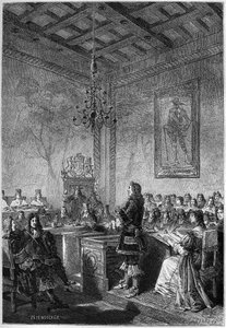 Proces s lordem Williamem Russellem (1639-1683) - rytina z „Dějin Anglie, od nejstarších dob“ od Francoise Guizota 1877 od French School