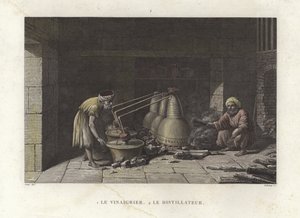 Výrobník octa pečující o své destilační přístroje (barevné rytí) od French School