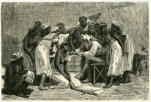 Návštěva královen, šestnácti manželek krále Sepopa, v lóži Dr. Holuba. Rytina D.Maillarda pro ilustraci příběhu „Au pays des Marutses“ v letech 1875-1879 od Dr. Emile Holuba (1847-1902). Publikováno v Tour du monde, 2. semestr 1883, redakčně upraveno od French School