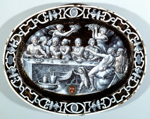 Svatební hostina Psyche Oval Plat ve smaltu malovaném na mědi z francouzské školy. 1560 Paříž, Musee du Louvre od French School