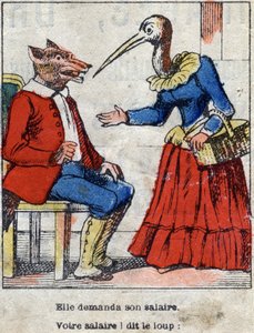 Vlk a čáp. Bajky Jean de La Fontaine (1621-95). Epinal zobrazování z konce 19. století. od French School