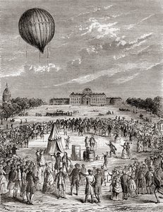 První vodíkový balón na světě, vypuštěný přes Champs de Mars v Paříži, Francie v roce 1783, z Les Merveilles de la Science, publikovaný kolem roku 1870 (rytina) od French School