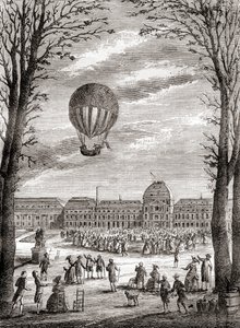 První let vodíkového balonu s posádkou nad Marsovými poli v Paříži (Francie) 1. prosince 1783, pilot Nicolas-Louis Robert a profesor Jacques Charles, z knihy Les Merveilles de la Science, vydané kolem roku 1870 (rytina). od French School
