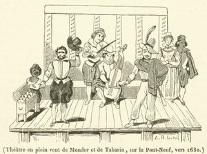 Divadlo pod širým nebem Mondor a Tabarin, na Pont-Neuf, kolem 1630 (rytina) od French School