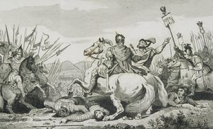 Theodorik je zabit v bitvě proti Attilovi, poblíž Chalons, z „Histoire de France“ od Colarta, vydaného kolem roku 1840 od French School