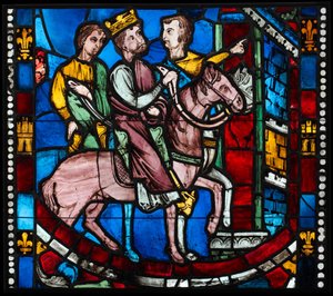 Theodosius přijíždí do Efesu, ze scény z Legendy o sedmi spáčích z Efesu, c. 1200–10 (hrncové sklo, sklovitý nátěr) od French School