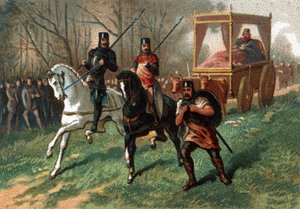 Thierry I (? - 533), král Austrasie na voze taženém voly. Chromolitografie konce 19. století. od French School