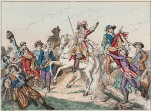 Třicetiletá válka (1618-1648): Princ Ludvík II z Bourbon Conde (Bourbon-Conde), známý jako Grand Conde (1621-1686), vévoda z Enghien, pozdravil mrtvolu hraběte z Fontaine v bitvě u Rocroi (Rocroy) proti Španělům, 19. května od French School