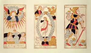 Tři tarotové karty zobrazující Soud, Svět a Blázna (kolorovaná dřevorytina) od French School
