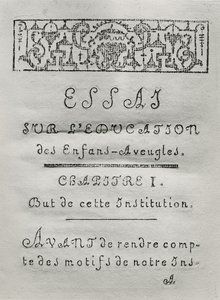 Titulní strana pro první kapitolu Essai sur leducation des aveugles od Valentina Hauye (1745-1822) publikované v roce 1786 od French School