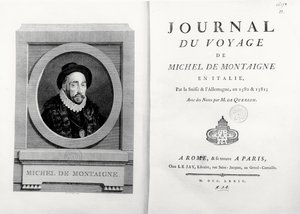 Titulní list a frontispice s portrétem autora od A. de Saint Aubin, z „Journal de Voyage en Italie 1580 et 1581 de Michel de Montaigne“ od French School