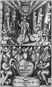 Titulní strana z Les Fantaisies de Bruscambille, vydané 1615 od French School