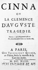 Titulní strana Cinna ou la Clemence dAuguste od Pierra Corneille (1606-84) vydaná v roce 1643 od French School