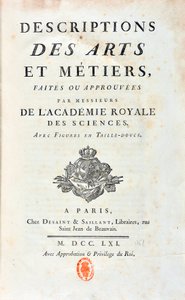 Titulní strana „“ Popisy umění a metier vytvořené nebo schválené pány z Královské akademie věd““. 1761 od French School