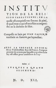 Titulní strana Institutes of the Christian Religion od Johna Calvina, francouzské 1. vydání, 1541 od French School