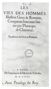 Titulní strana Životy vznešených Řeků a Římanů od Plutarcha, tisk Michel de Vascosan od French School