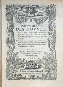 Titulní strana „“The Heptameron“““: příběhy nebo zprávy Margarity Navarrské (Margarita z Valois, Markétka z Angouleme nebo Markétka Francouzská (1492-1549) královna Navarry a básnířka od French School